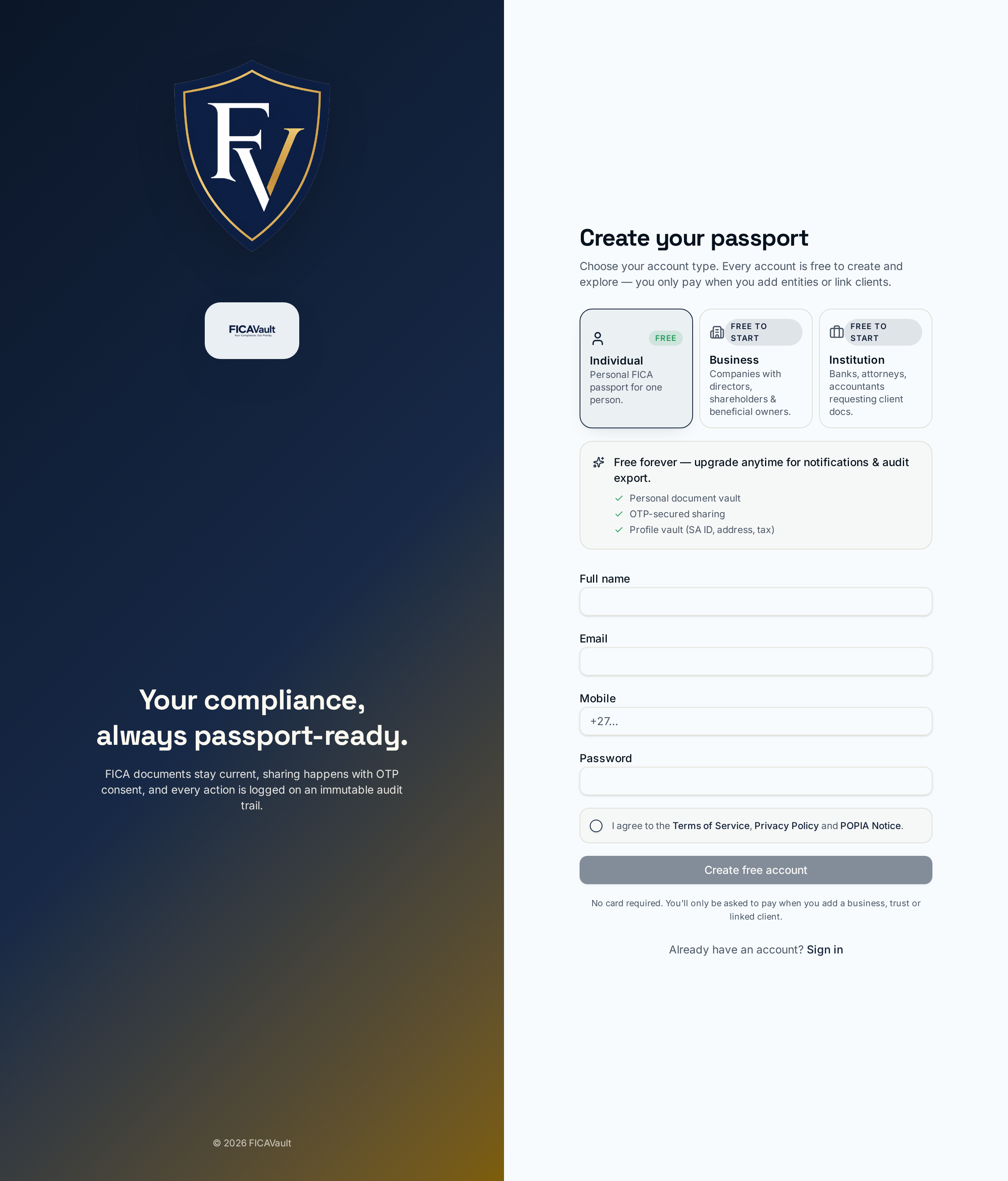 FICAVault signup form