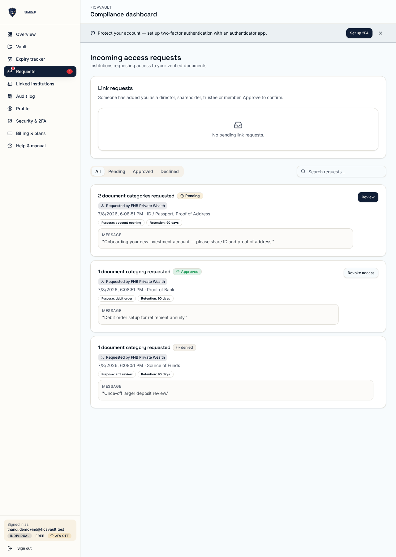 Requests inbox with mocked pending, approved and denied requests