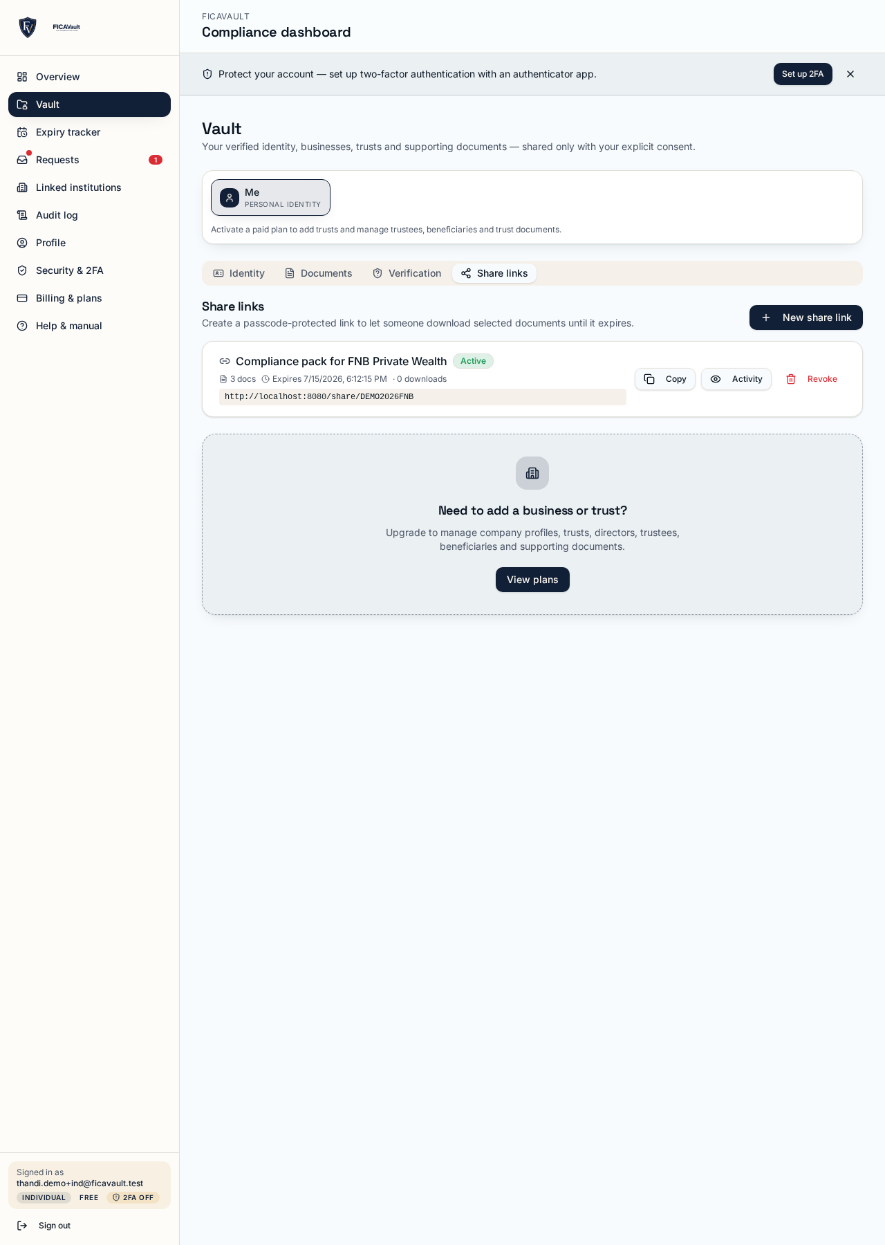 Share link creation panel with mocked link and passcode